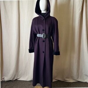 Vintage MDP Mario De Pinto Plum Purple Hooded Pure Wool Long Coat M 8/10